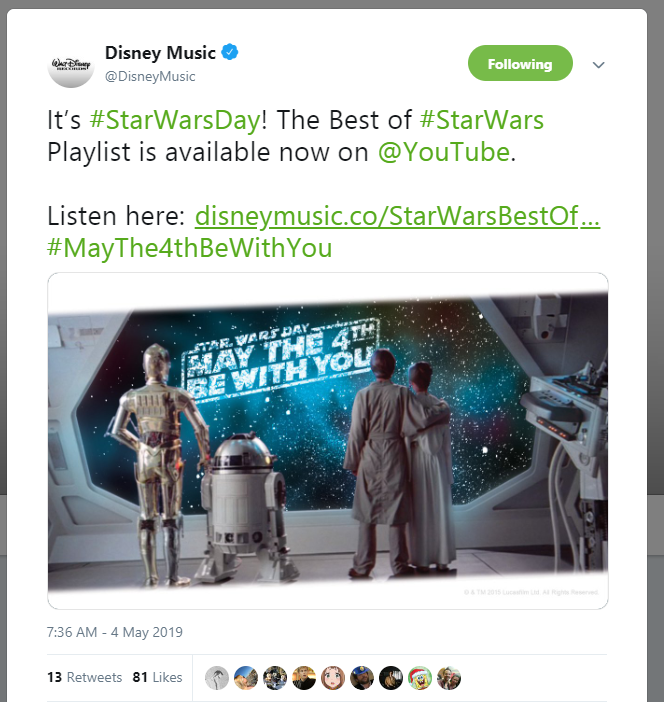 Disney Music Twitter account, linking out to YouTube with Star Wars playlists.