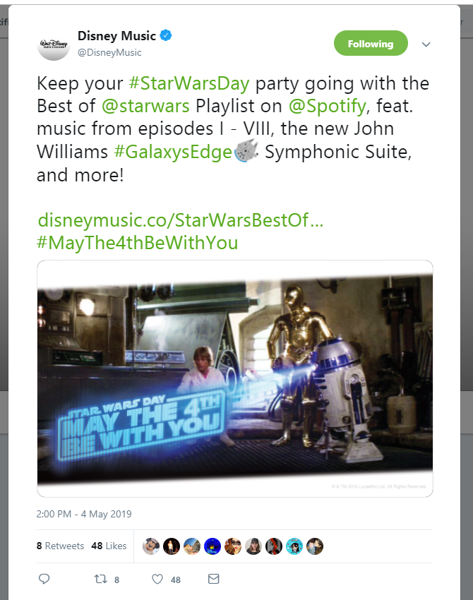 Disney Music Twitter account, linking out to Spotify with Star Wars playlists.