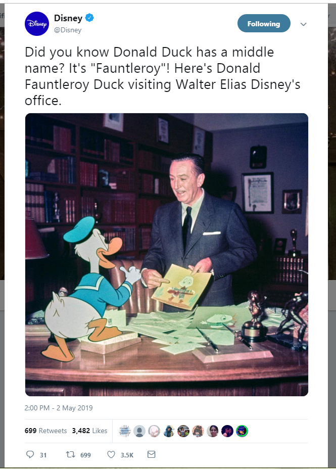 Screenshot of a Disney Twitter message. Donald Duck has a middle name: Fauntleroy.