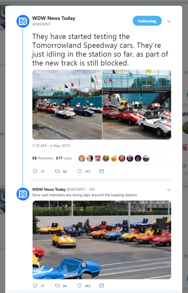 Screenshot of linked Twitter thread above. WDW News Today reports that Tomorrowland Speedway cars are being tested - includes a short movie of cars being moved around.
