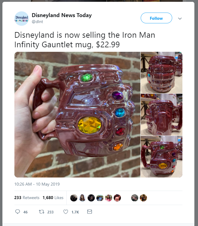 Iron Man Infinity Gauntlet mug, now available at Disneyland. Screenshot of Twitter post with image of mug.
