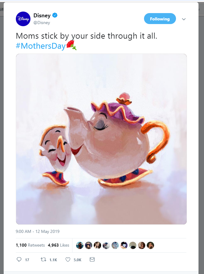 A screenshot of a Disney Twitter account tweet showing Miss Potts and Chip from Beauty and  the Beast. Miss Potts and Chip are in kettle and cup form and are hugging as best they can.