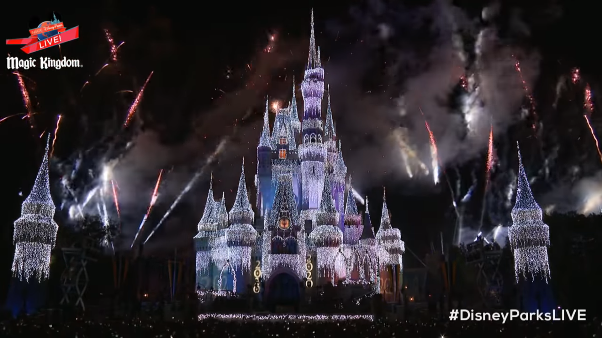 Screenshot of DisneyParksLive livestream of Magic Kingdom New Years 2020 fireworks.