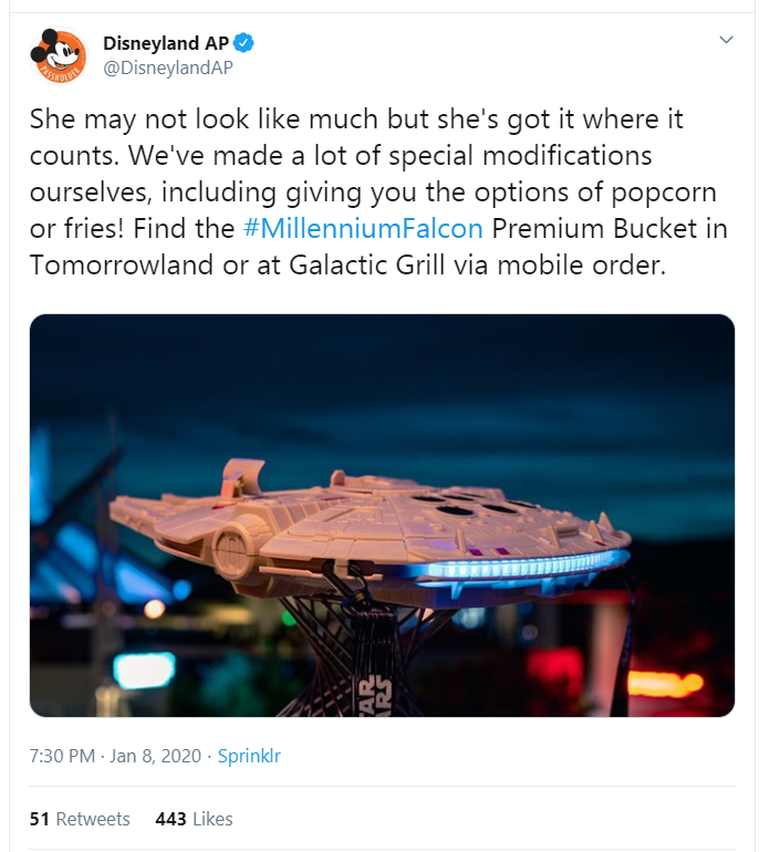 Tweet showing the new Millennium Falcon popcorn or fries bucket.