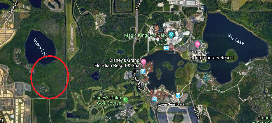 Shows the area where Disney bought new land in December 2019.